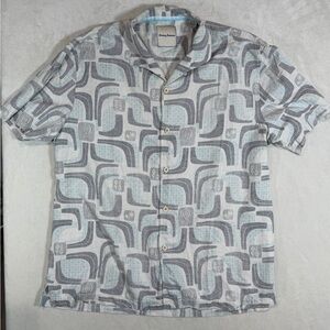Tommy Bahama XL 100% Silk Blue and Gray Geometric Patterned Beach Shirt